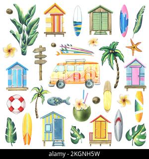 Planches de surf, maisons de plage en bois, plantes tropicales et fleurs. Illustration aquarelle. COLLECTION SURF. Décor coloré, juteux et estival Banque D'Images