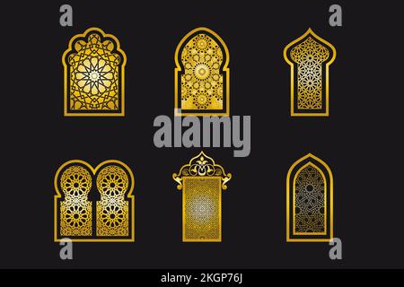 Fenêtres islamiques traditionnelles en or arabe. Architecture arabe traditionnelle géométrique arabesque motif. Ensemble de panneaux vectoriels ou d'écrans décoratifs. Illustration de Vecteur