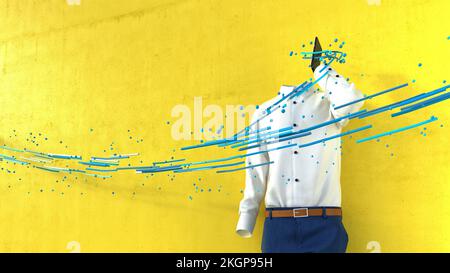 Données flottant devant une personne invisible parlant au téléphone devant un mur jaune Banque D'Images