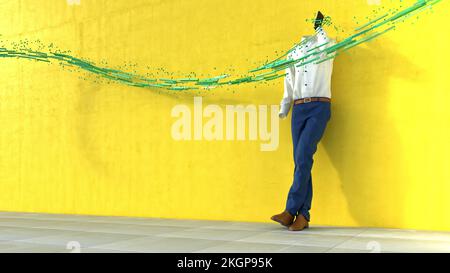 Données flottant devant une personne invisible parlant au téléphone devant un mur jaune Banque D'Images