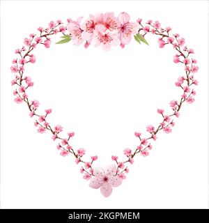 Couronne fleurie en forme de cœur avec cœur blanc. Cerisiers en fleurs Couronne rose pétale romantique pour mariage, date, Saint-Valentin et événement spécial. Illustration de Vecteur