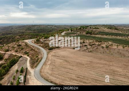 Espagne, Catalogne, les Garrigues, vue aérienne de la route sinueuse et du paysage environnant Banque D'Images