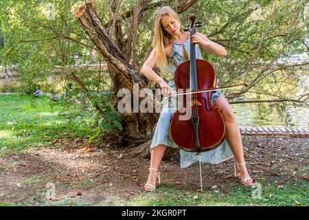 Femme jouant du violoncelle devant l'arbre au parc Banque D'Images