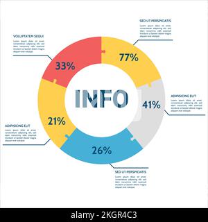 Infographie, graphique à secteurs avec modèle cinq options, modèle de vecteur de diapositives Circle Linked Five secteurs, graphique à secteurs coloré et icônes dans un Illustration de Vecteur
