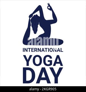 Bonne illustration de vecteur de jour de yoga avec effet de texte noir, noir, femme faisant du yoga, dame, femme, position yoga, journée internationale de yoga spéciale. Illustration de Vecteur