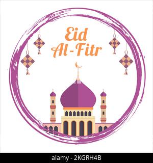 Eid Al-Fitr Mubarak élégant avec effet de texte doré à l'intérieur de pinceau rond, festival Saint de musulman, mosquée musulmane, multicolore ombre, violet, vecteur illus Illustration de Vecteur