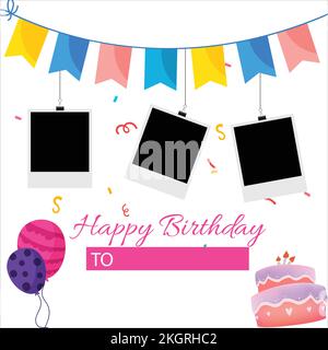 Illustration vectorielle cadre photo joyeux anniversaire, joyeux anniversaire, éléments joyeux anniversaire, éléments de fête, cadre photo, Ballons multicolores, fête Illustration de Vecteur