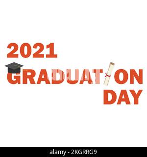 Jour de remise des diplômes pour 2021 étudiants effet de texte orange avec chapeau de diplôme et bourse d'études, bourse d'études, diplôme, université, étudiants, orange, 2021, Illustration de Vecteur