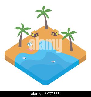 2,5D dessin vectoriel de plage de sable avec concept de station et de bouée de sauvetage, vecteur de plage de sable avec paysage en forme de 2,5D, plage avec une bouée de sauvetage dans l'été Illustration de Vecteur