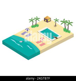 Illustration vectorielle élégante du concept de paysage de plage de sable 2,5D. Plage de sable avec concept de piscine et cococotier. Seashore 2,5D art avec Illustration de Vecteur