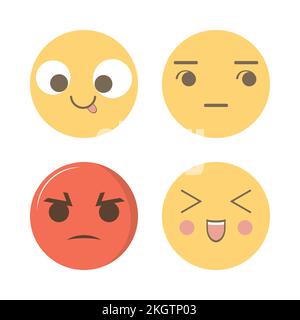 Les médias sociaux emoji design avec colère, sourire, ridicule et agacé visage. Design oji sur les réseaux sociaux avec différentes ambiances. Couleur jaune et rouge Illustration de Vecteur