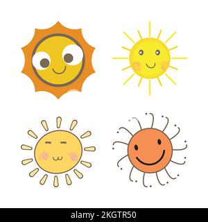 Sunray sort de la conception de vecteur de soleil. Autocollant soleil de forme ronde et de couleur jaune. Soleil mignon avec visage souriant et lunettes de soleil fraîches. Vecteur soleil Illustration de Vecteur