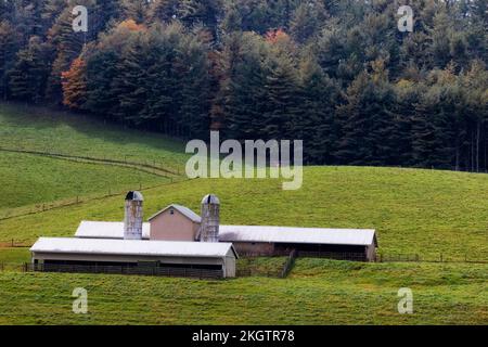 Une grange de ferme laitière se trouve sur des collines vallonnées vues depuis la pittoresque Blue Ridge Parkway en Caroline du Nord. Banque D'Images