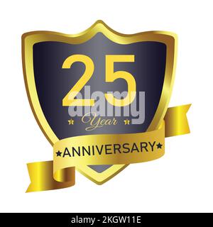 écusson anniversaire de 25 ans de couleur dégradé dorée. Écusson anniversaire royal en forme de bouclier. Badge doré et noir avec Illustration de Vecteur