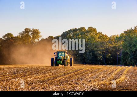 Rural Arkansas, États-Unis - 1 octobre 2022: Un tracteur John Deere ramasse les voiles de coton des moissonneuses et les transporte pour les empiler avec d'autres Banque D'Images