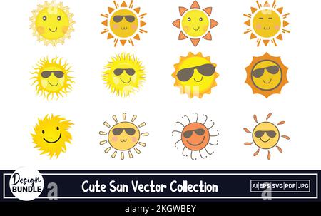 Joli motif vectoriel de soleil pour les médias sociaux. Motif soleil avec abat-jour de couleur jaune et orange et lunettes de soleil fraîches. Jolie collection de vecteur de soleil avec ha Illustration de Vecteur