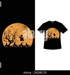 T-shirt rétro Halloween en forme de lune et citrouilles près d'un arbre mort avec un fantôme. T-shirt Halloween effrayant de couleur vintage A. Illustration de Vecteur
