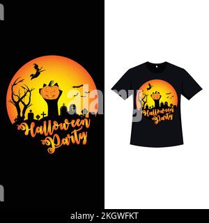 T-shirt couleur rétro Halloween avec main zombie effrayante tenant une citrouille et un arbre mort. T-shirt Halloween effrayant avec couleurs vintage et cal Illustration de Vecteur