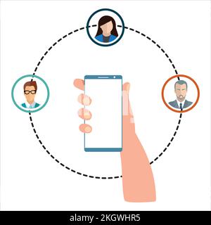Design vectoriel professionnel et créatif pour smartphone pour les activités sur les réseaux sociaux. Illustration d'un vecteur de médias sociaux avec un mobile à portée de main et un caractère flottant Illustration de Vecteur