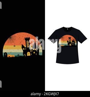 Halloween élégant t-shirt de couleur rétro avec une maison hantée et des pierres tombales avec des citrouilles. T-shirt Halloween effrayant avec couleurs vintage et Illustration de Vecteur