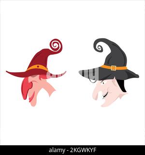 Halloween motif visage sorcière effrayant et laid sur fond blanc. Halloween élément et conception de costume avec deux visages de sorcière laid et des chapeaux de sorcière. Wizar Illustration de Vecteur