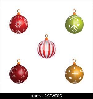 Motif boule de Noël sur fond blanc. Illustration vectorielle de boule de Noël multicolore pour ornements d'arbre. Lot de boules de Noël pour la décoration d'arbres Illustration de Vecteur