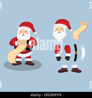 Motif vectoriel du Père Noël sur fond bleu clair et rouillé. Éléments de design du Père Noël avec une longue liste de cadeaux de Noël. Joyeux Santa CLA Illustration de Vecteur