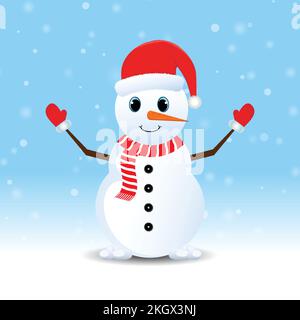 Bonhomme de neige de Noël avec chapeau de père Noël. Neige tombant en arrière-plan avec un bonhomme de neige. Bonhomme de neige avec gants rouges. Motif Noël avec bonhomme de neige réaliste, Illustration de Vecteur