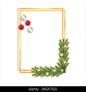 Cadre de Noël avec feuilles de pin vert, flocons de neige, boules blanches rouges. Cadre doré de Noël avec bonbons. Éléments décoratifs joyeux Noël avec canne à sucre Illustration de Vecteur