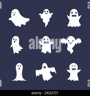 Collection Halloween Flat Ghost Vector. Joli ensemble fantôme. Fantômes blancs sur fond sombre. Ensemble de fantômes mignons d'Halloween. Motif Halloween fantôme plat. Illustration de Vecteur