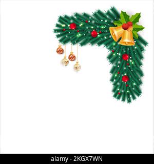 Coin de Noël avec cloches et baies rouges. Coin de Noël avec lumières en forme d'étoiles et feuilles de pin. Coin de Noël, boule de Noël décorative, Holly berrie Illustration de Vecteur