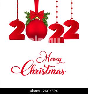 2022 Bonne Année. Joyeux Noël et bonne année avec une boule de Noël et un ruban rouge. 3D, 2022 Bonne Année. Noël 2022. Rouge heureux nouveau y Illustration de Vecteur