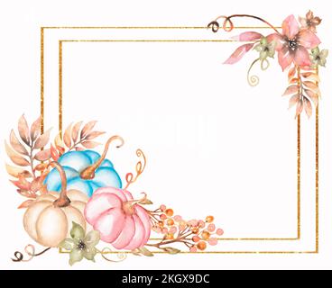 Cadre doré avec composition florale aquarelle rose et beige. Fleurs de jardin dessinées à la main avec des citrouilles bleues, roses et beiges. Banque D'Images