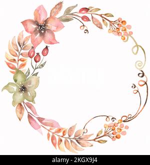 Cadre doré avec composition florale aquarelle rose et beige. Fleurs de jardin dessinées à la main avec des feuilles. Banque D'Images