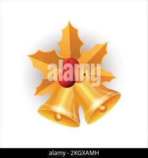 Ensemble de cloches dorées de Noël avec baies rouges. Collection cloche de Noël avec feuilles vertes et dorées. Cloche dorée, baies rouges, feuilles dorées, branche de pin, Illustration de Vecteur