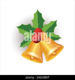 Ensemble de cloches dorées de Noël avec baies rouges. Collection cloche de Noël avec feuilles vertes et dorées. Cloche dorée, baies rouges, feuilles dorées, branche de pin, Illustration de Vecteur