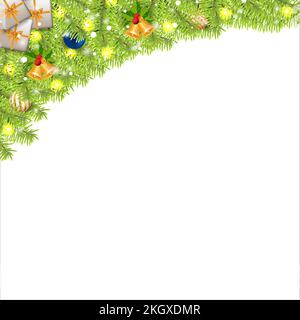 Bordure de Noël avec boîtes-cadeaux et boules de décoration. Bordure de Noël avec cloches de jingle et flocons de neige. Bordure de Noël, élément de Noël, feuilles vertes Illustration de Vecteur