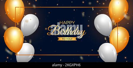 Bannière d'anniversaire avec ballons dorés et blancs. Joyeux anniversaire social médias bannière avec la calligraphie d'or. Joyeux anniversaire avec la typographie dorée Illustration de Vecteur