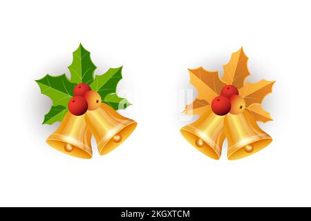 Ensemble de cloches dorées de Noël avec baies rouges. Collection cloche de Noël avec feuilles vertes et dorées. Cloche dorée, baies rouges, feuilles dorées, branche de pin, Illustration de Vecteur