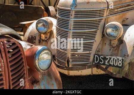 Vieux camions à plateau rouillés 1930s dans une scierie Banque D'Images