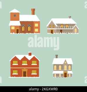 Maison de Noël avec de la neige sur le toit. Maison de Noël avec cheminée. maisons multicolores. Jolies maisons décorées de Noël. Ville en hiver Illustration de Vecteur