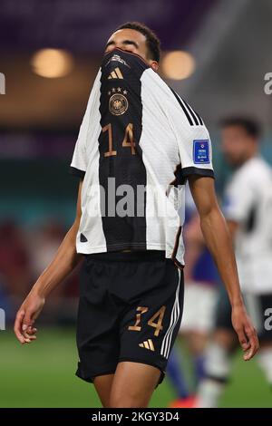 Doha, Qatar. 23rd novembre 2022. Jamal Musiala, d'Allemagne, réagit lors du match de la coupe du monde de la FIFA 2022 du Groupe E au stade international de Khalifa à Doha, au Qatar, sur 23 novembre 2022. Photo de Chris Brunskill/UPI crédit: UPI/Alay Live News Banque D'Images