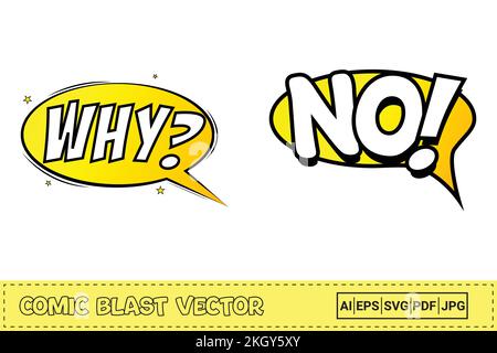 Pourquoi, bande dessinée avec des couleurs jaune et blanc. Non, une bande dessinée pop-up avec bordure jaune et noire. Explosion comique avec étoiles. Pourquoi faire exploser la bulle Illustration de Vecteur