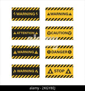Mise en place de panneaux d'avertissement avec ruban d'avertissement noir et jaune. Vecteur de mise en garde. Panneau d'avertissement de couleur jaune et noire. Signe de danger pour la police, ac Illustration de Vecteur