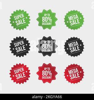 Logo méga solde vert, noir et rouge. remise de 80 % sur les étiquettes. Achetez un ensemble de badges et recevez-en un. Ensemble de badges de solde. Vecteur de coupon Super sale. S Illustration de Vecteur