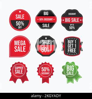 Grand badge de vente vert, noir et rouge. Collection de coupons de réduction. Autocollant méga solde. Jeu de badges Super sale. Grand vecteur de balise de vente. Offre Super Illustration de Vecteur