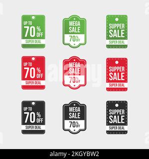 Vecteur de coupon Super Deal. Méga solde badge vert, noir et rouge . Ensemble de badges de solde. Jusqu'à 70 % de remise sur les étiquettes. Jeu de badges Super sale. Illustration de Vecteur