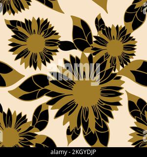 motif sans couture de grands boutons de fleurs noires avec un contour doré sur un fond beige, texture florale brillante, design Banque D'Images