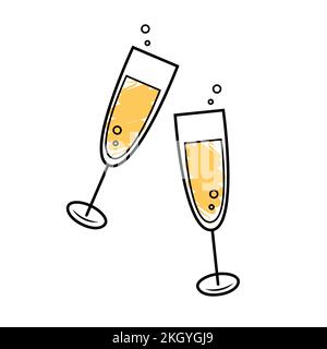 Verres de champagne. Fêtes, fêtes, toast concepts. Style de dessin à la main. Icône isolée sur fond blanc. Illustration vectorielle. Illustration de Vecteur