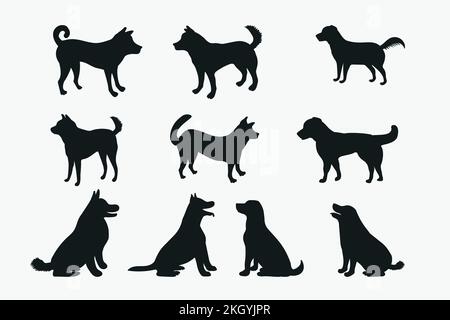 Collection de silhouette de chien sur fond blanc. Différents types de collection de silhouette de chien. Silhouette de chien assis et debout vecto Illustration de Vecteur